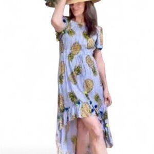 Blue Pineapple Print High-Low Summer Dress